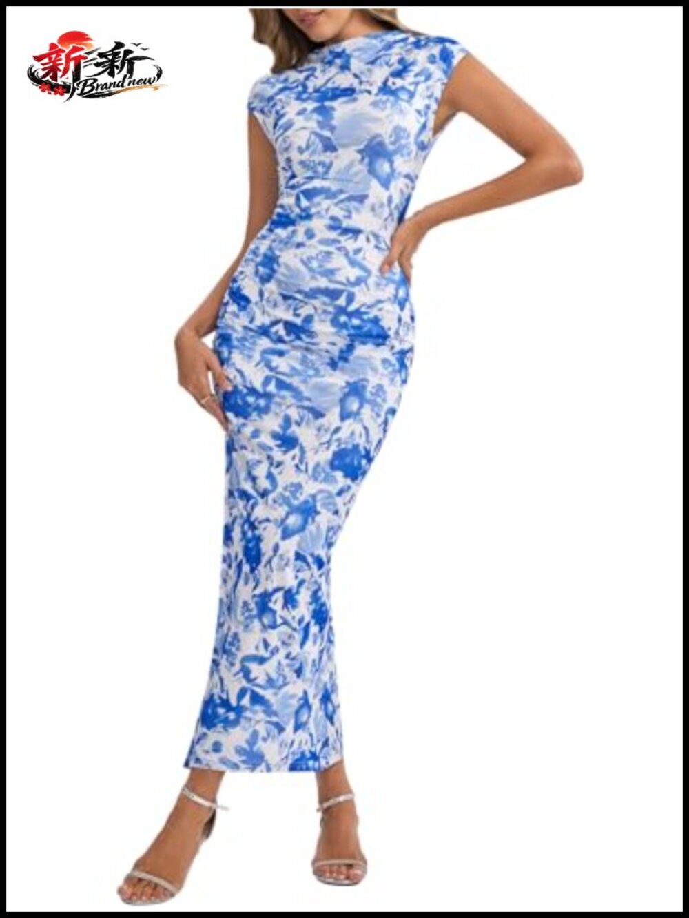 Ruched Bodycon Maxi Dress with Cap Sleeves - Women's Formal Floral, Slim Fit